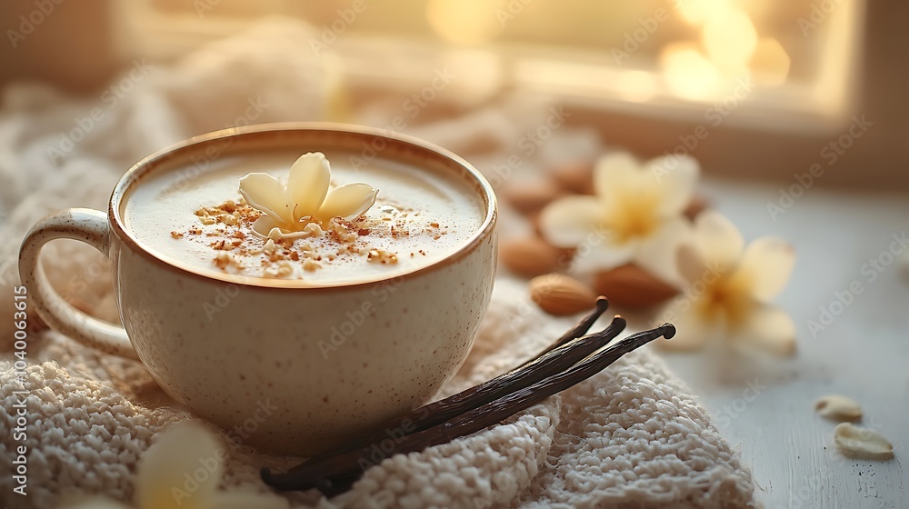 A warm cup of almond milk tea with a drizzle of honey and vanilla beans resting beside, soft golden light highlighting the textures, the air filled with the comforting scent of honey, almond, A warm cup of almond milk tea with a drizzle of honey and vanilla beans resting beside, soft golden light highlighting the textures, the air filled with the comforting scent of honey, almond,