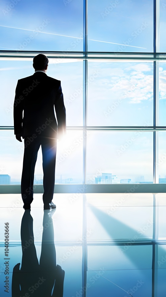 Fototapeta premium A businessman looks out a large window at the city skyline.