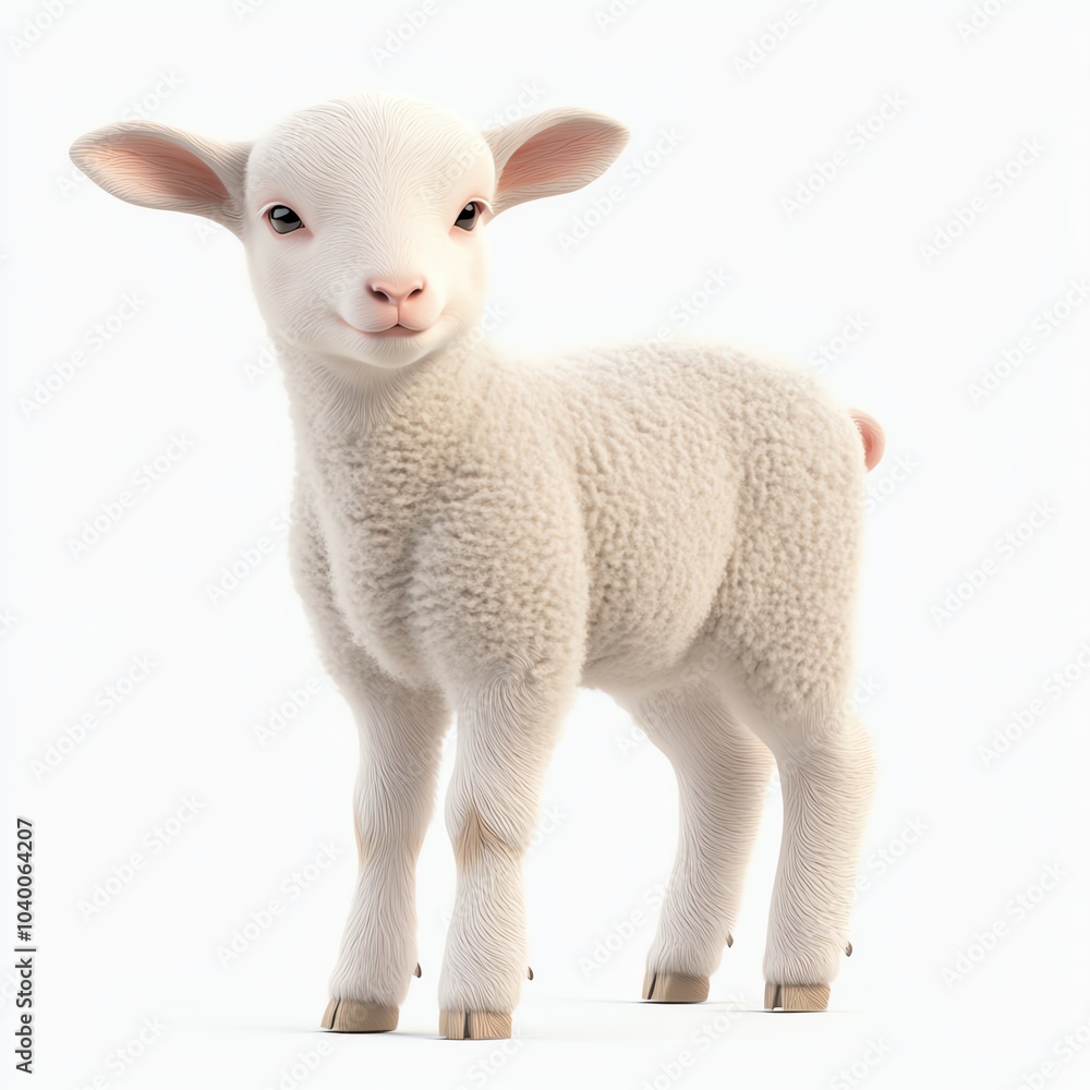 Fototapeta premium A cute, fluffy lamb stands playfully, showcasing its soft white fleece and endearing expression in a bright environment.