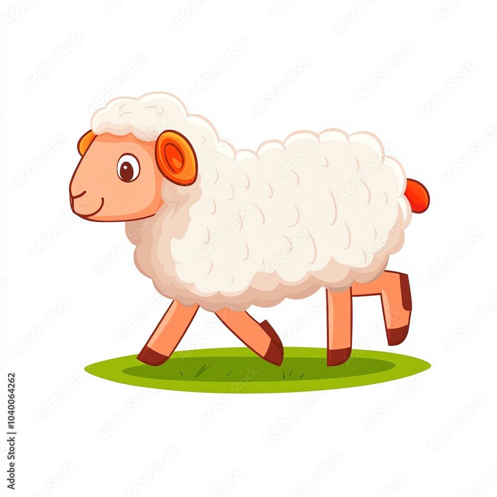 Obraz premium A cute cartoon sheep with fluffy wool trots across a green patch of grass, showcasing its playful demeanor.