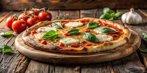 Margherita pizza on rustic wooden board with crispy crust and gooey mozzarella cheese