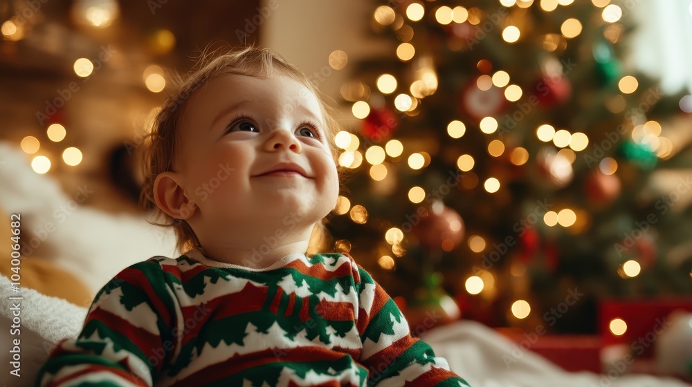 A cheerful baby wearing patterned pajamas sits happily beside a festively lit Christmas tree, creating a warm aura that embodies the spirit of the holiday season. A cheerful baby wearing patterned pajamas sits happily beside a festively lit Christmas tree, creating a warm aura that embodies the spirit of the holiday season.