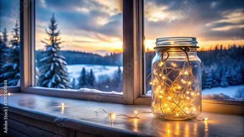 Mason jar fairy lights snowy landscape windowsill