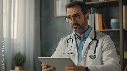 Wallpaper Mural A doctor in a lab coat and glasses intently reviewing patient information on a tablet, highlighting the use of modern technology in healthcare and diagnostics.
 Torontodigital.ca