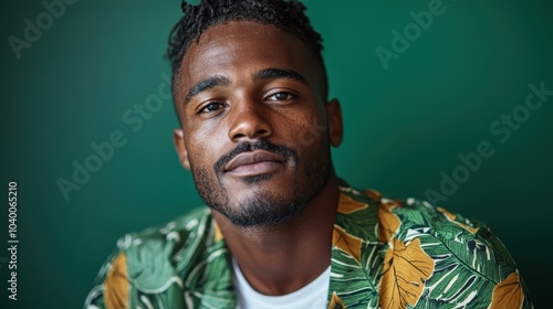 A man wearing a vibrant tropical shirt exudes confidence as he sits against a solid green background, looking directly at the camera with a slight smile.