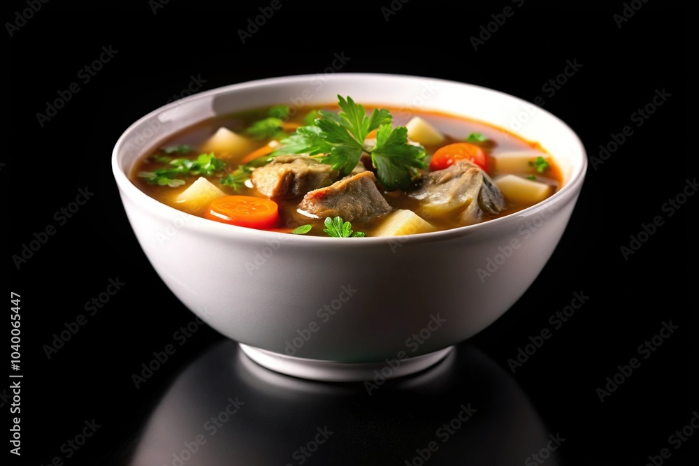 Meat soup in a white bowl isolated on a black background Meat soup in a white bowl isolated on a black background