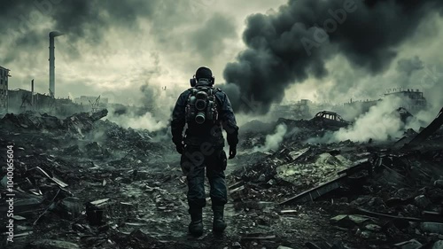 Wallpaper Mural A lone soldier walks through a destroyed city, shrouded in smoke and debris Torontodigital.ca