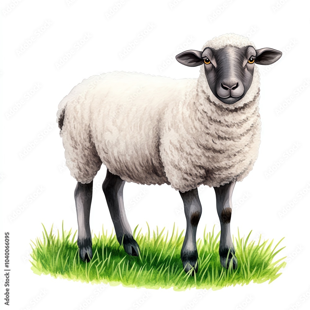 Fototapeta premium A sheep stands on green grass, featuring a fluffy white coat and a black face, representing farm life and nature.
