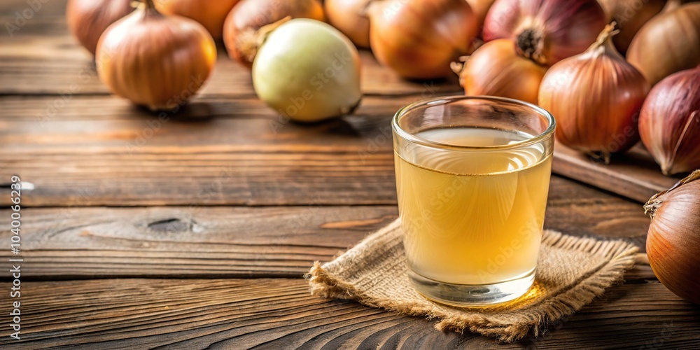 Medicinal onion juice syrup in a glass with raw onions, selective focus high angle Medicinal onion juice syrup in a glass with raw onions, selective focus high angle