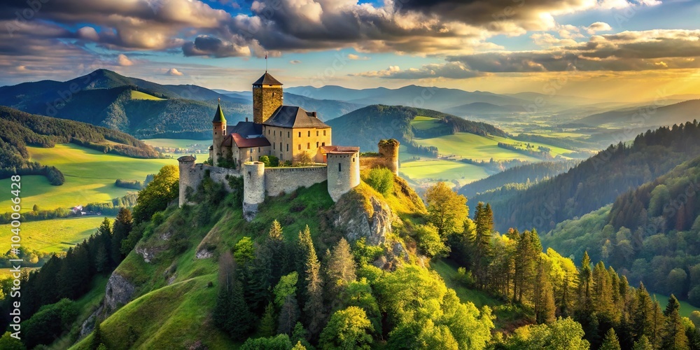 Medieval castle on hill overlooking valley Medieval castle on hill overlooking valley