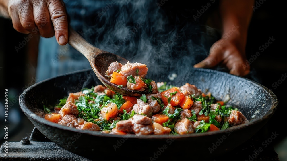 A person skillfully stirs a sizzling pan filled with chunks of meat, vibrant vegetables, and fresh herbs, capturing a culinary moment rich in color and flavor. A person skillfully stirs a sizzling pan filled with chunks of meat, vibrant vegetables, and fresh herbs, capturing a culinary moment rich in color and flavor.