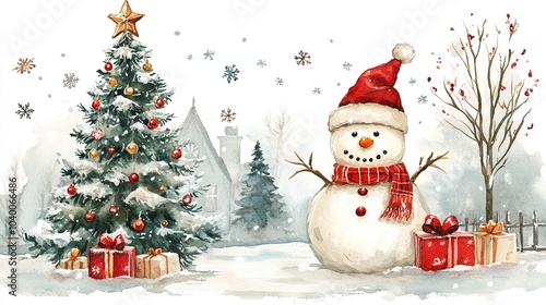 Christmas snowman with tree, watercolor	
