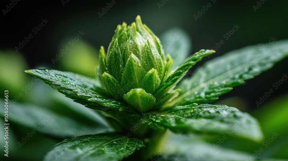 A vibrant green plant bud emerges from glossy dewy foliage, displaying fresh vitality and intricate texture in this close-up nature photograph. A vibrant green plant bud emerges from glossy dewy foliage, displaying fresh vitality and intricate texture in this close-up nature photograph.