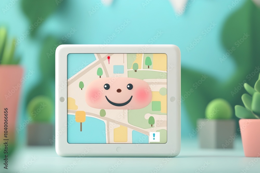 Smiling Tablet with Directions Map Cartoon Illustration Smiling Tablet with Directions Map Cartoon Illustration