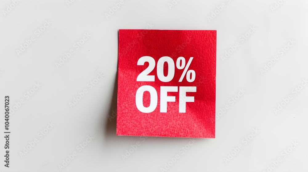 White '20% OFF' Text on a Red Square Paper Note. White Background with Copy Space White '20% OFF' Text on a Red Square Paper Note. White Background with Copy Space