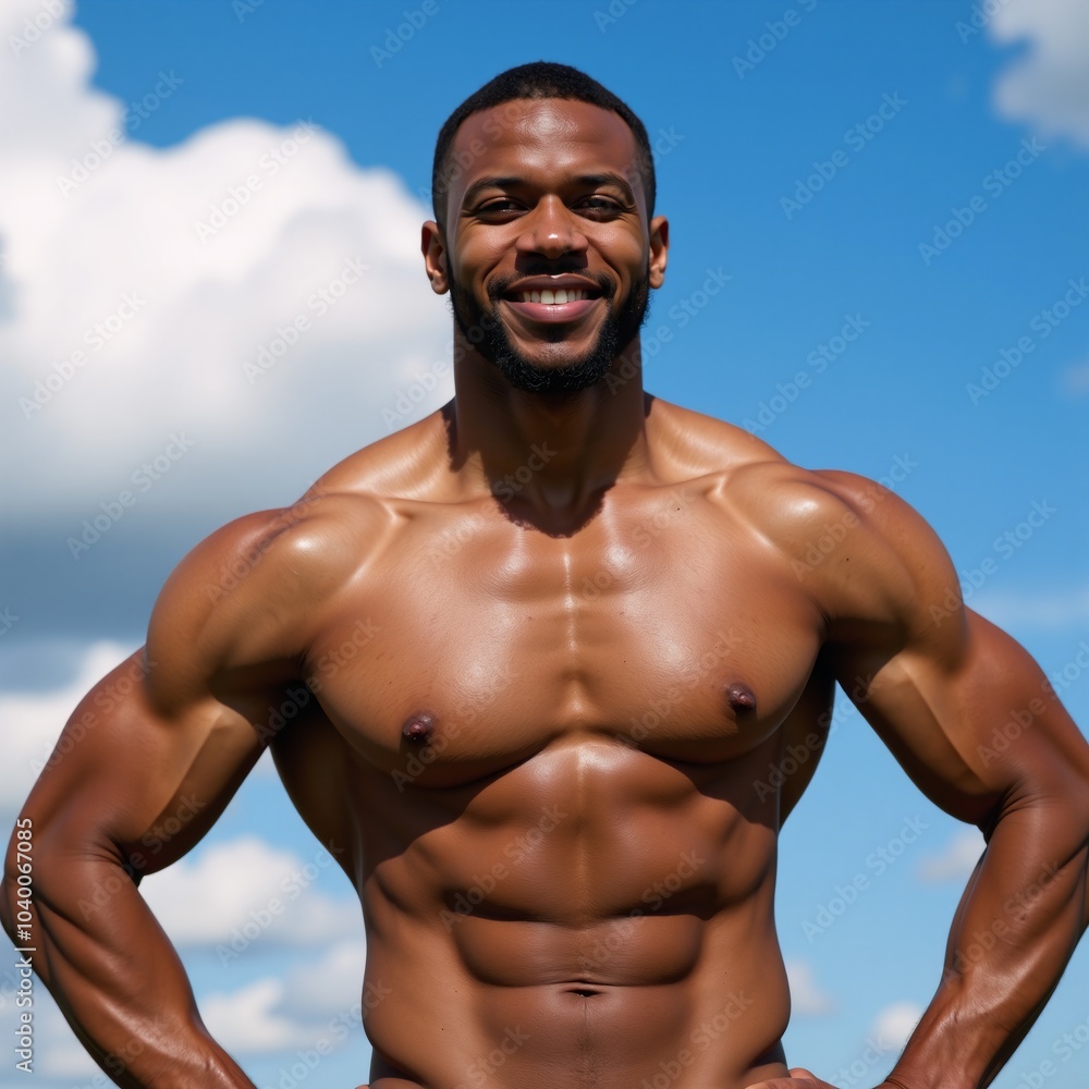A muscular African-American man poses against a blue sky with clouds displaying six pack abs A muscular African-American man poses against a blue sky with clouds displaying six pack abs