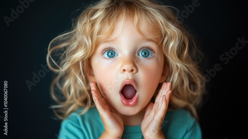 A surprised child with wide eyes and an open mouth, expressing amazement and wonder. The vibrant portrait captures the essence of youthful curiosity and excitement.