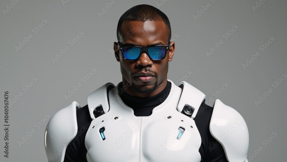 Close-up portrait of confident African American male soldier in futuristic white armor and blue sunglasses Close-up portrait of confident African American male soldier in futuristic white armor and blue sunglasses