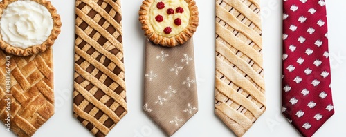 A charming Thanksgiving tie adorned with cartoon pies, turkey legs, and mashed potatoes, a fun and quirky design for festive occasions photo