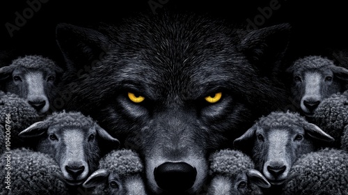 A cunning wolf hides among oblivious sheep, capturing the idea of hidden agendas and strategy, ideal for business or storytelling visuals about trust and deceit