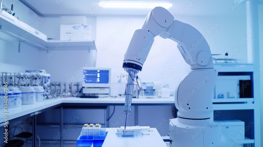 A robot conducting precision diagnostics in a state-of-the-art medical imaging lab with clean surfaces and advanced diagnostic equipment, Medical tech style, photo of A robot conducting precision diagnostics in a state-of-the-art medical imaging lab with clean surfaces and advanced diagnostic equipment, Medical tech style, photo of