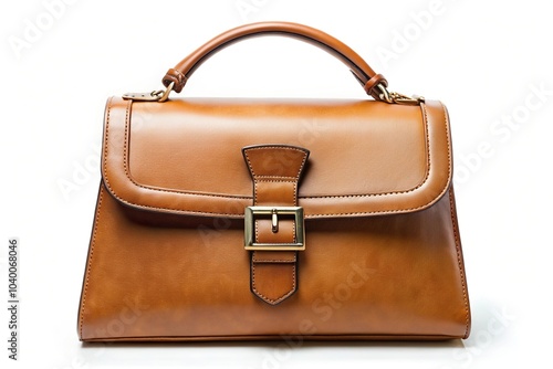 Medium shot elegant tan leather handbag with metallic buckle and handle