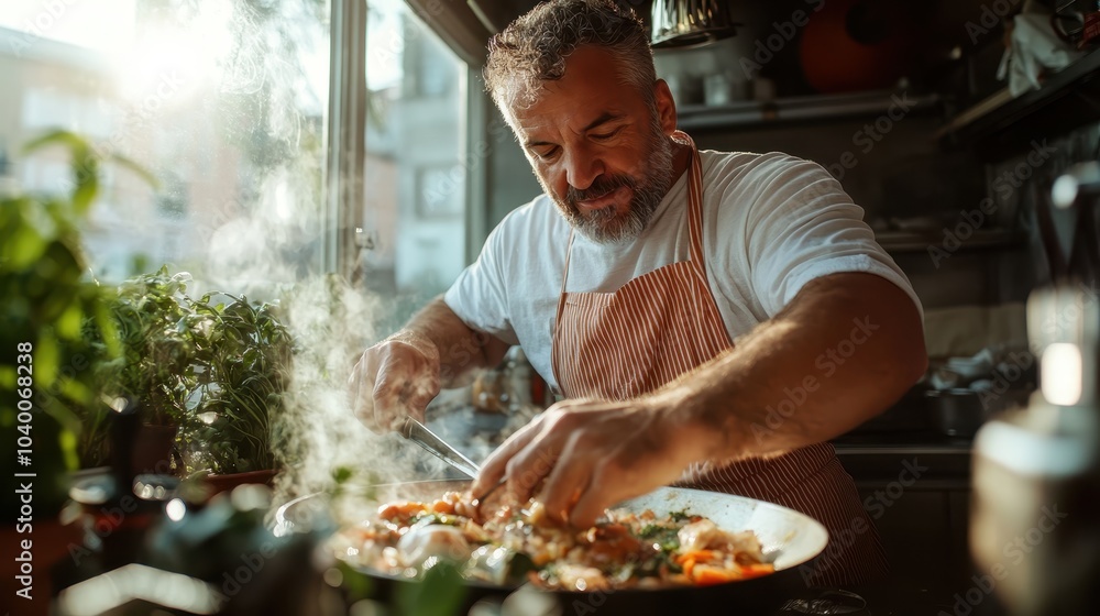 An experienced chef in a home kitchen, skillfully applying spices to create a vibrant, colorful dish, embodying passion and artistry in each culinary step. An experienced chef in a home kitchen, skillfully applying spices to create a vibrant, colorful dish, embodying passion and artistry in each culinary step.