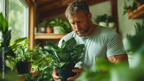 A contemplative image showing an older man in a bright, plant-filled room, closely inspecting a potted plant, conveying a sense of peace and introspection. photo