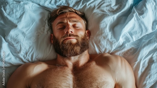 A shirtless bearded man lies peacefully on white bed linens. He appears tranquil and relaxed, with soft light highlighting his facial features in a serene setting. photo