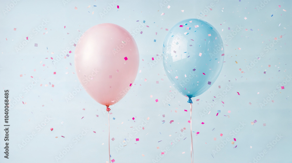 The image shows two balloons, one pink and one blue, floating and releasing confetti in the air. The image shows two balloons, one pink and one blue, floating and releasing confetti in the air.