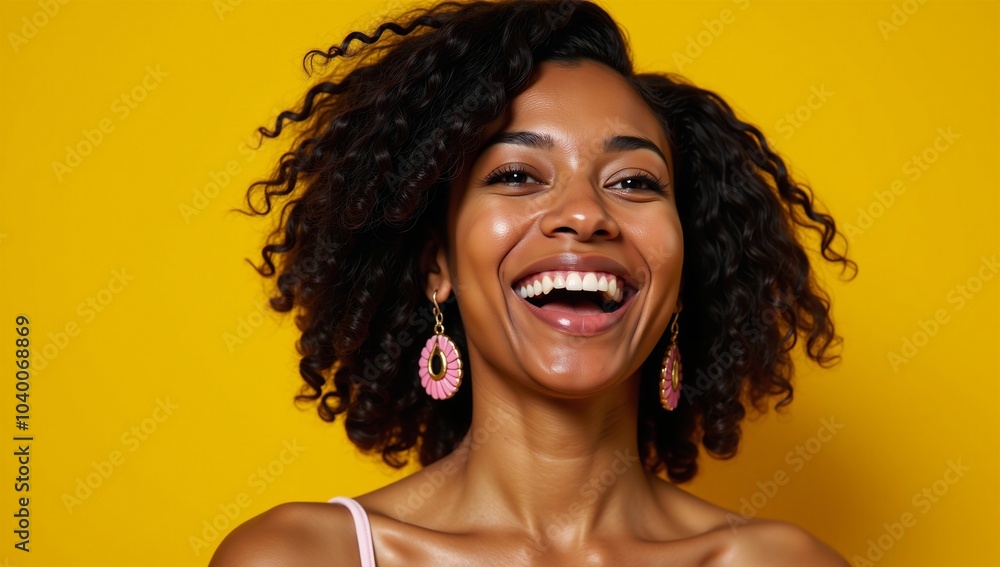 Portrait of a joyful African American woman on a vibrant yellow backdrop Portrait of a joyful African American woman on a vibrant yellow backdrop