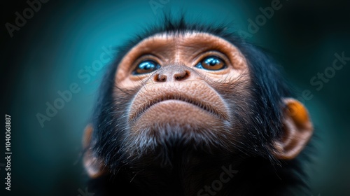 A young black-furred chimpanzee gazing upward in a contemplative pose, exuding a sense of wonder and intelligence within a natural jungle setting. photo