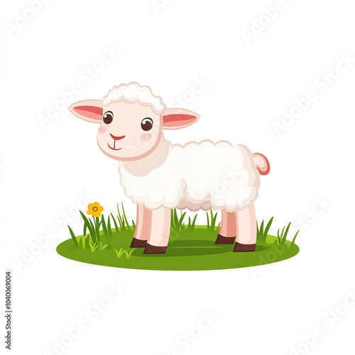 A cute cartoon sheep standing in grass with a flower, showcasing a friendly and playful character.