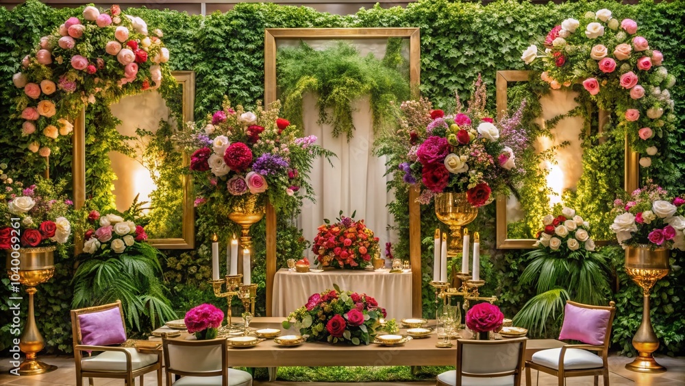 Fototapeta premium Luxury Floral Wedding Decor with Gold Frame, Elegant Centerpieces and Stunning Backdrop for a Dreamy Celebration in a