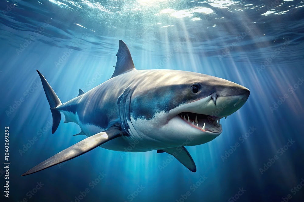 Medium shot of a hyper-realistic great white shark against a white background Medium shot of a hyper-realistic great white shark against a white background
