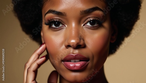 Close-up image of 1960s Afrocentric beauty with classic makeup and hair