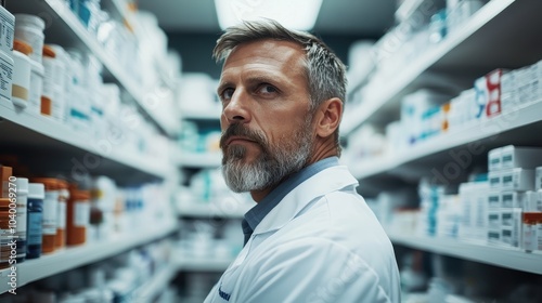 A bearded pharmacist in a white lab coat stands in a pharmacy aisle, surrounded by a multitude of medicine bottles, portraying professionalism and focus.