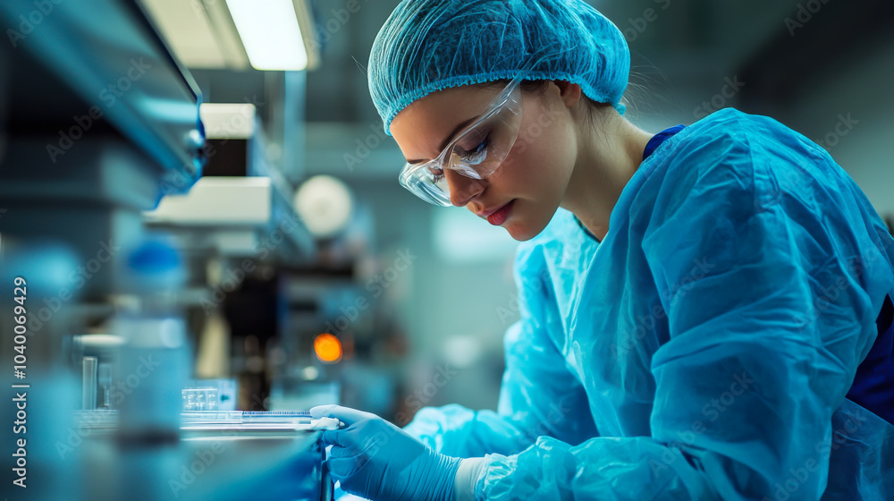 Healthcare worker wearing protective gear and a mask in a busy hospital during a critical patient care situation Healthcare worker wearing protective gear and a mask in a busy hospital during a critical patient care situation