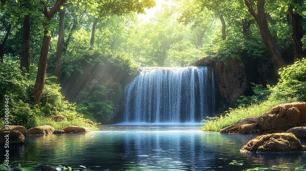 A Serene Waterfall Cascading Through a Sun-Dappled Forest A Serene Waterfall Cascading Through a Sun-Dappled Forest