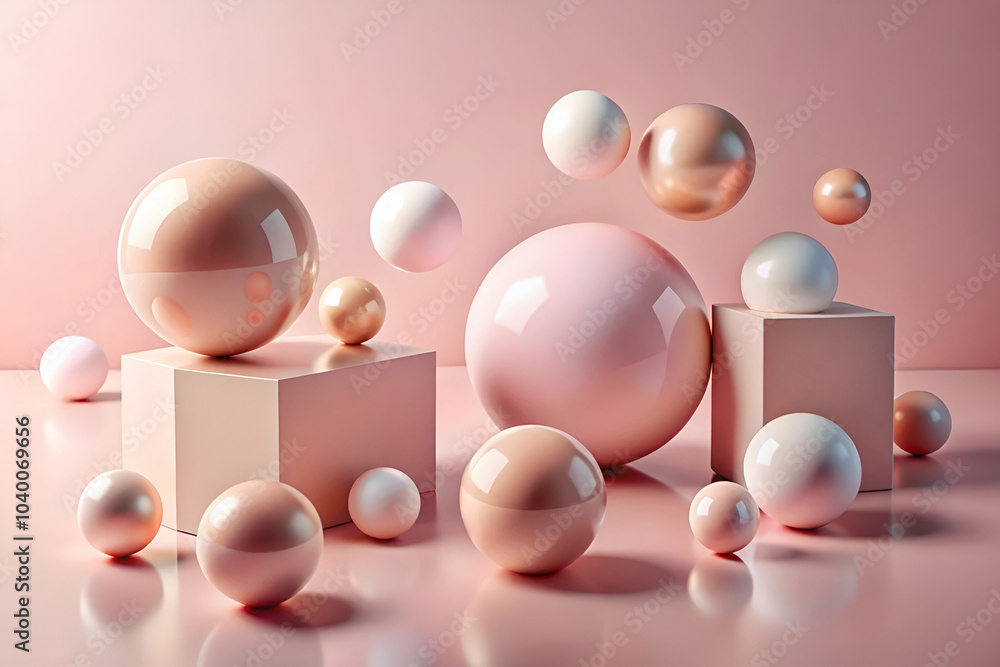 A visually striking arrangement of pastel spheres and cubes against a soft pink background, creating a modern and minimalist aesthetic. A visually striking arrangement of pastel spheres and cubes against a soft pink background, creating a modern and minimalist aesthetic.