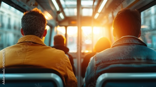 Passengers are seated in a bus, facing toward the golden sunset that fills the windows, creating a serene and contemplative atmosphere during the commute. photo