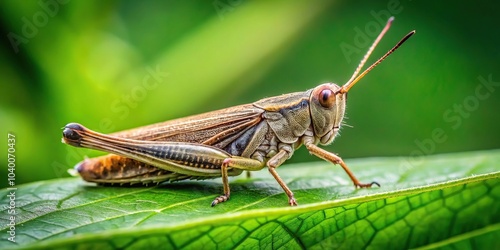 Medium shot of Chorthippus parallelus on a vibrant green plant leaf photo