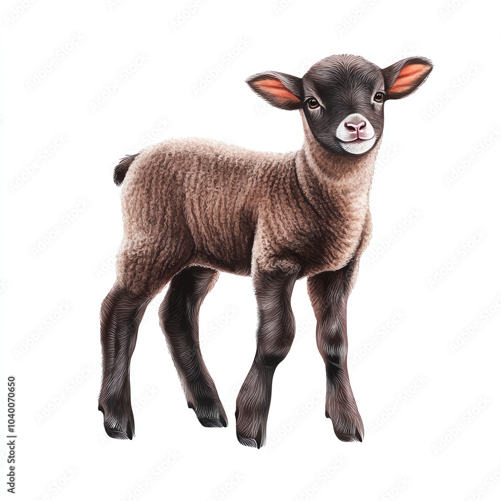 Fototapeta premium A cute, young lamb stands, showcasing its soft brown wool and playful demeanor.