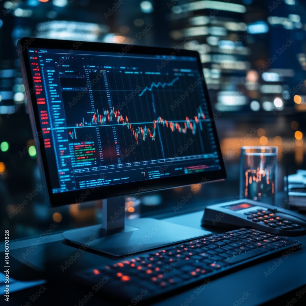 Modern financial analysis setup in urban office with night city view Modern financial analysis setup in urban office with night city view