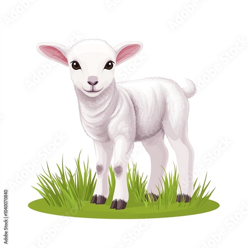 A cute, animated white lamb stands on green grass, capturing the essence of innocence and charm in a simple farm setting. photo