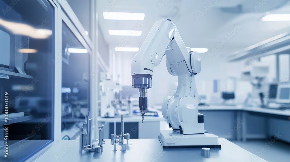 A robot conducting precision measurements in a high-tech materials testing lab with clean surfaces and advanced testing instruments, Materials testing tech style, photo of A robot conducting precision measurements in a high-tech materials testing lab with clean surfaces and advanced testing instruments, Materials testing tech style, photo of