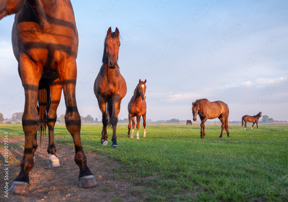 Φωτογραφία young brown horses in dutch meadow near utrecht in holland in warm morning light