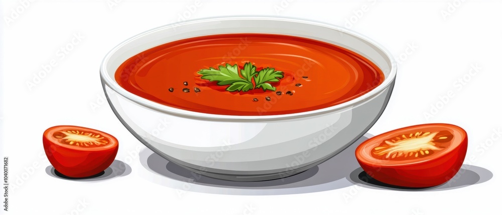 Delicious tomato soup in a white bowl with fresh tomatoes on the side, perfect for a cozy meal. Delicious tomato soup in a white bowl with fresh tomatoes on the side, perfect for a cozy meal.