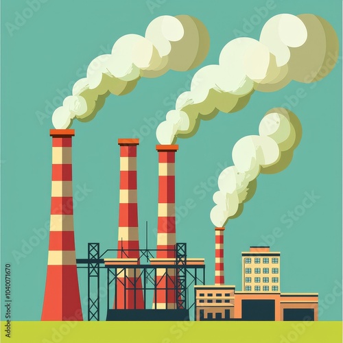 A vibrant illustration of an industrial factory featuring prominent smoke stacks. This graphic visualizes the concept of manufacturing and energy production, highlighting urban architecture.