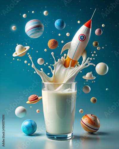 A whimsical scene featuring a milk splash from a glass, with a rocket launching amid colorful planets and celestial bodies.